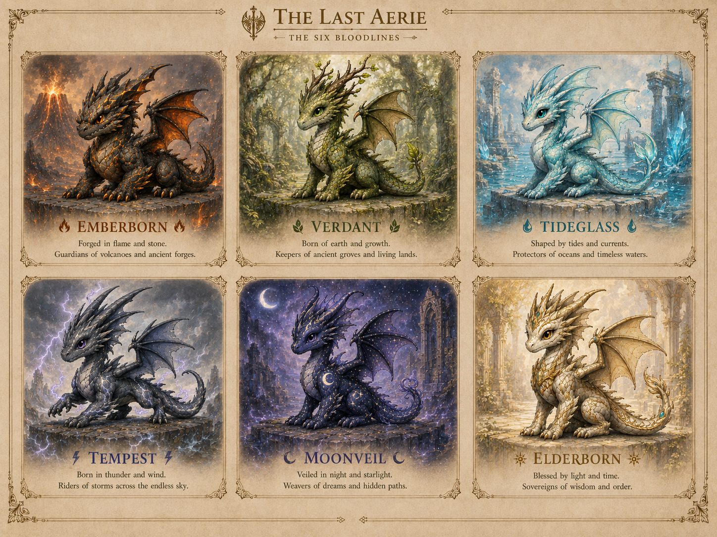 Approved six hatchling bloodlines: Emberborn, Verdant, Tideglass, Tempest, Moonveil and Elderborn
