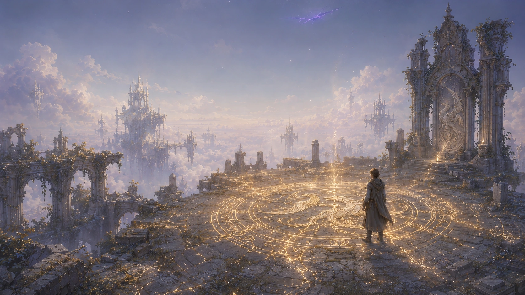 A solitary human Keeper stands before the reawakened First Covenant sigil in an ancient sky ruin
