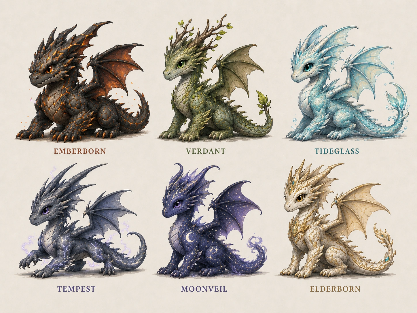 Approved six hatchling bloodlines: Emberborn, Verdant, Tideglass, Tempest, Moonveil and Elderborn