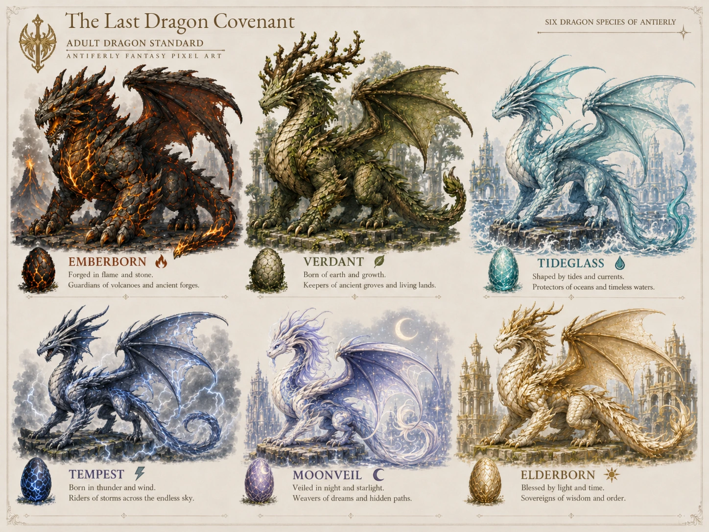 Approved adult designs for the six dragon bloodlines