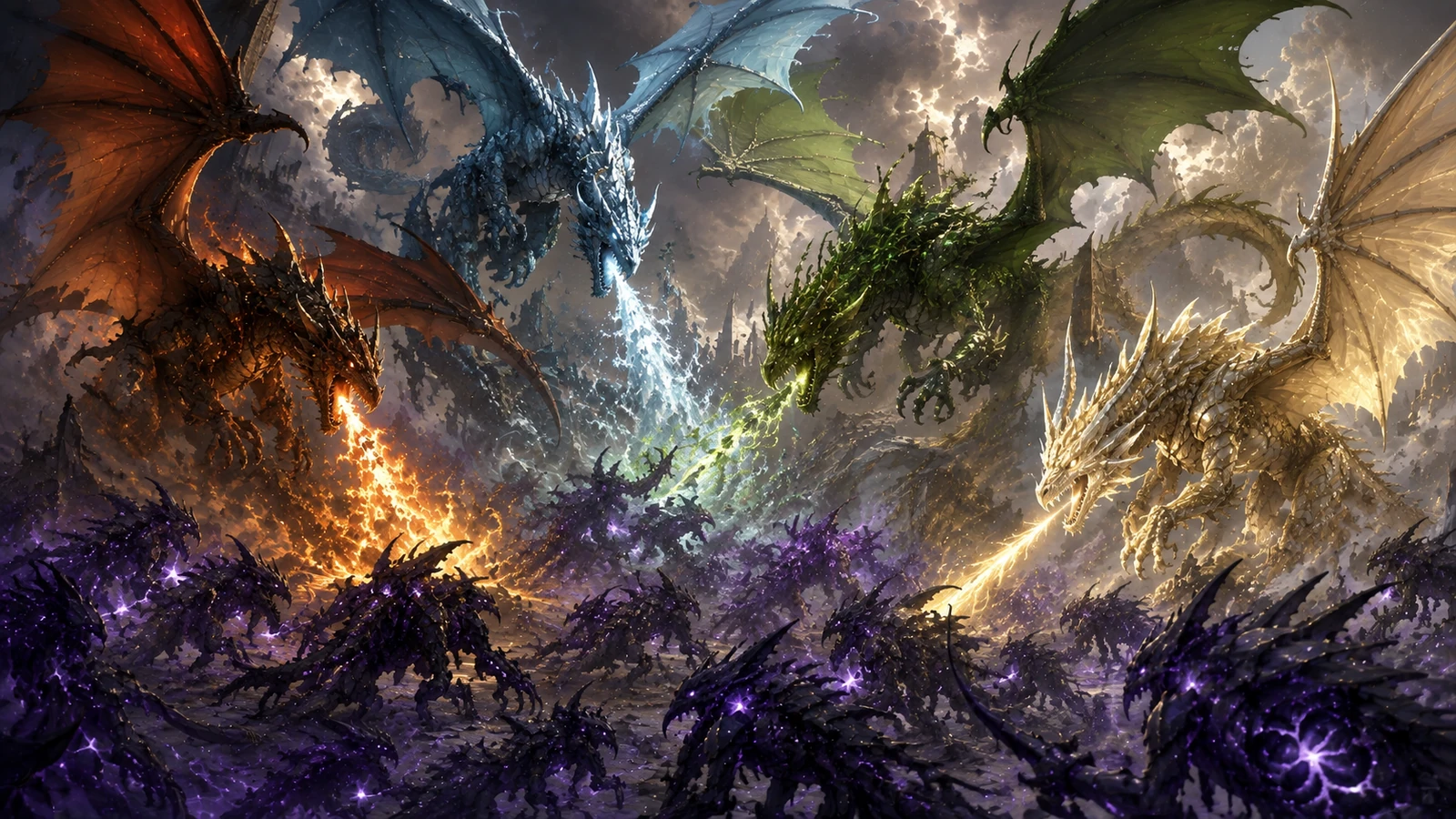 Multiple dragons attacking a Void army during a world event