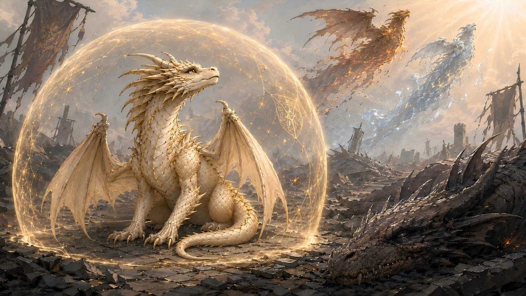 Aurelith, princess of dragonkind, protected by the Dragon King's final shield as dragonkind is consumed by the Last Flame
