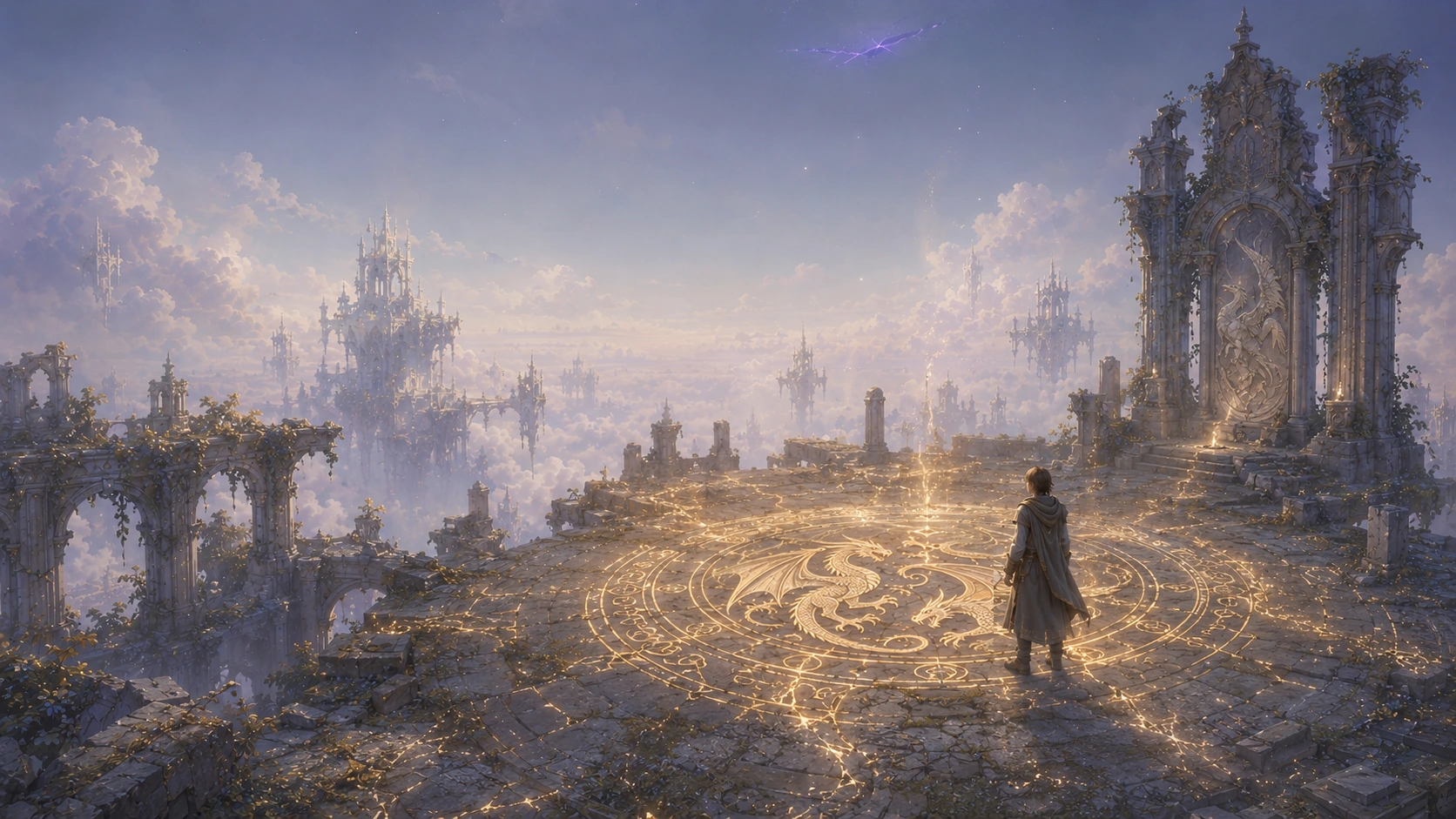 A solitary human Keeper stands before the reawakened First Covenant sigil in an ancient sky ruin